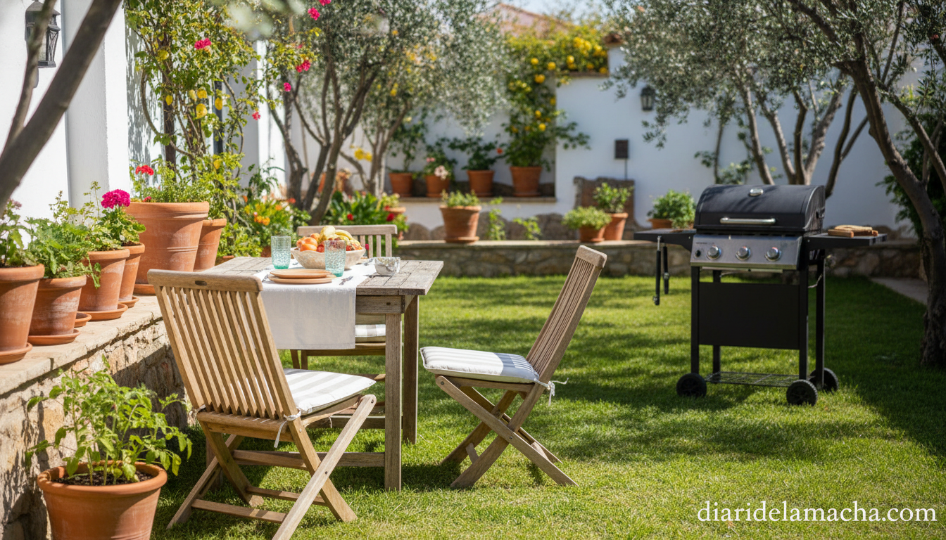 Jardín de primavera con mobiliario exterior y plantas en oferta