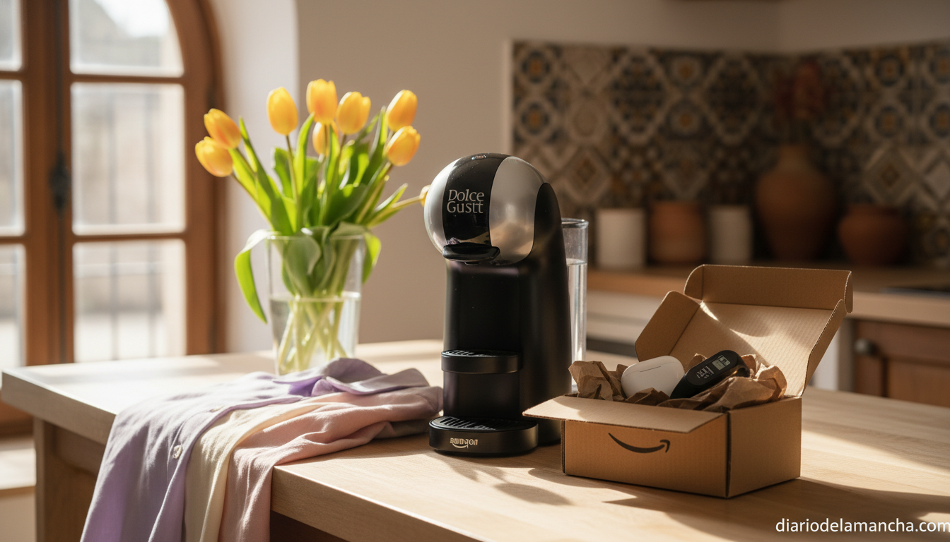 Productos de las ofertas de primavera de Amazon sobre encimera de cocina luminosa con caja Amazon abierta