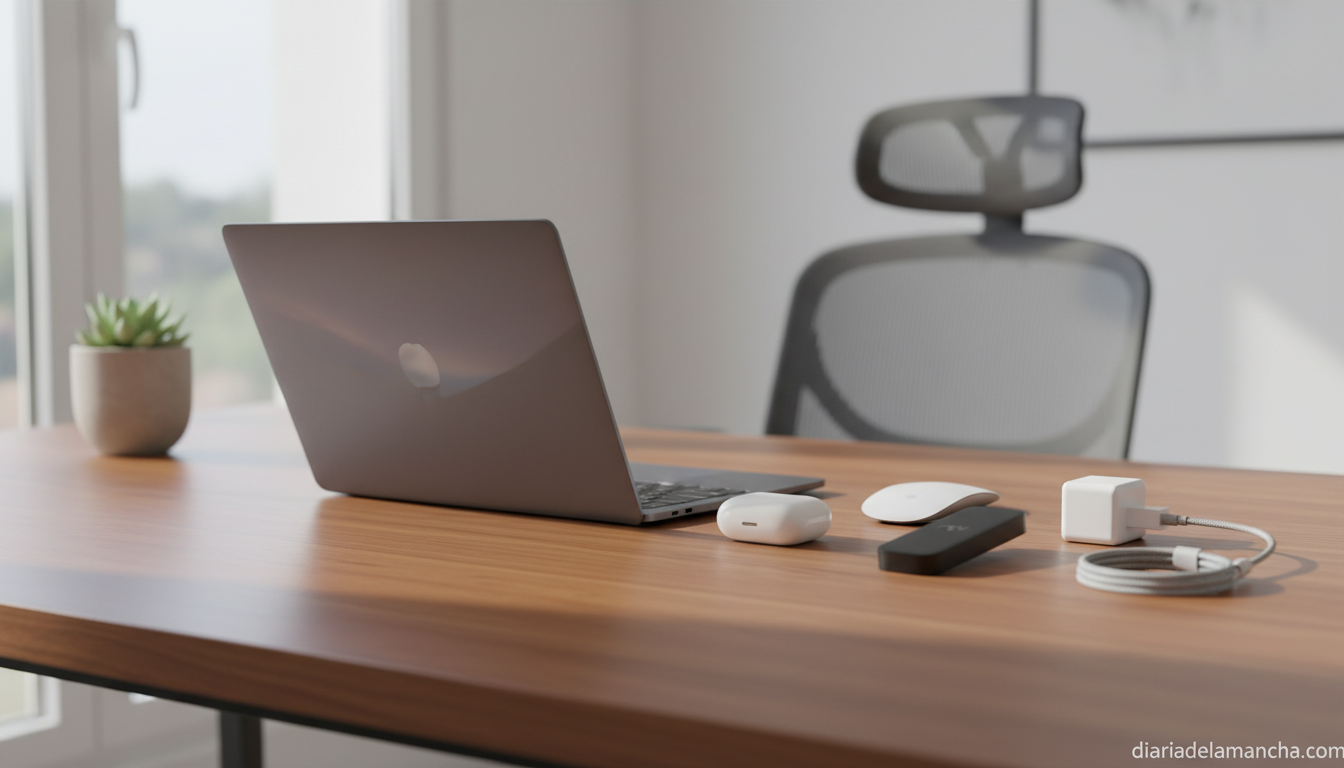 Escritorio con portátil, auriculares inalámbricos y gadgets en oferta durante la Fiesta de Primavera de Amazon