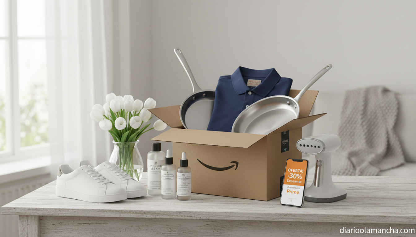 Productos rebajados en la Fiesta de Ofertas de Primavera de Amazon sobre mesa de madera con caja abierta