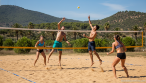 Beach tennis players competing on a sandy outdoor court, action moment near the net, sunny day, casual sports clothing, re...