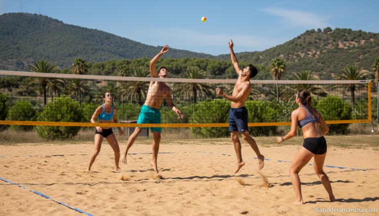Beach tennis players competing on a sandy outdoor court, action moment near the net, sunny day, casual sports clothing, re...