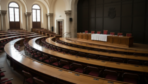University auditorium in Spain for public competitive exam, rows of empty seats facing a formal panel table, natural light...