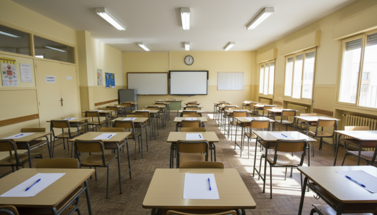 Aula vacía de instituto español con pupitres en orden, folios y bolígrafos sobre las mesas, lámpara de techo encendida, ve...