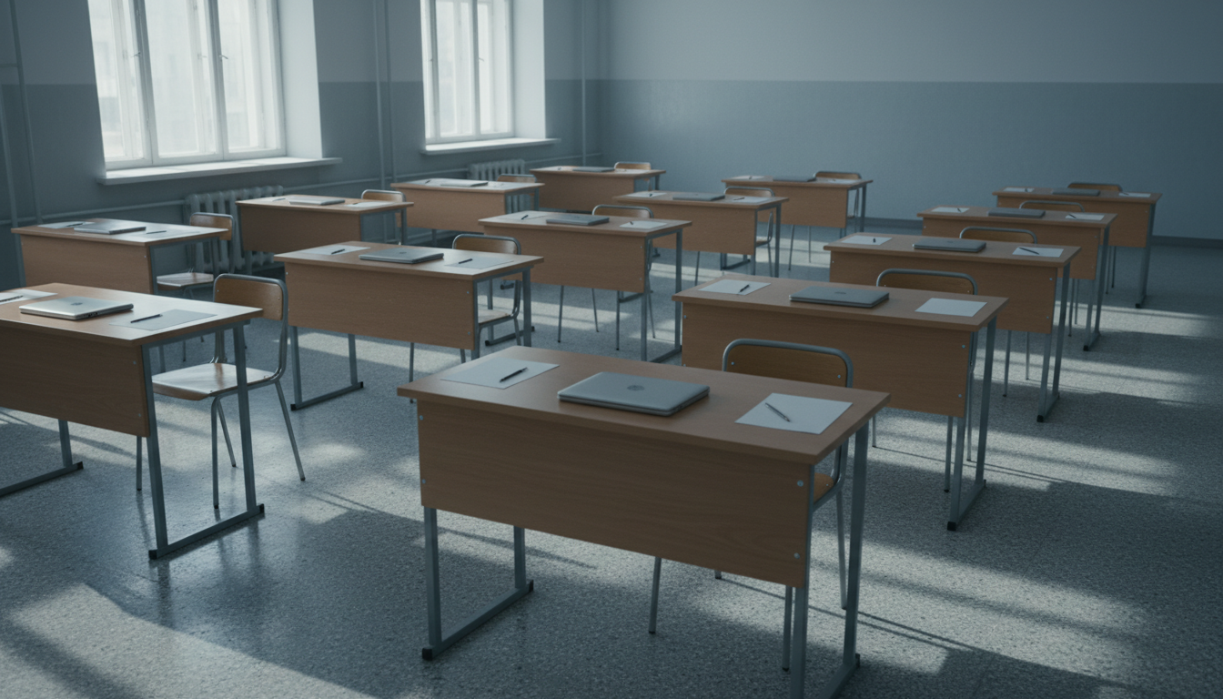 Sala de examen oficial con mesas y sillas vacías, folios en blanco, lápices y ordenador portátil sobre escritorios. Ambien...