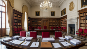 Formal oral examination panel in a Spanish university hall, empty chairs at a long table with evaluation documents, academ...