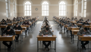 Sala de examen universitaria con mesas individuales ordenadas en filas, aspirantes sentados concentrados escribiendo en fo...