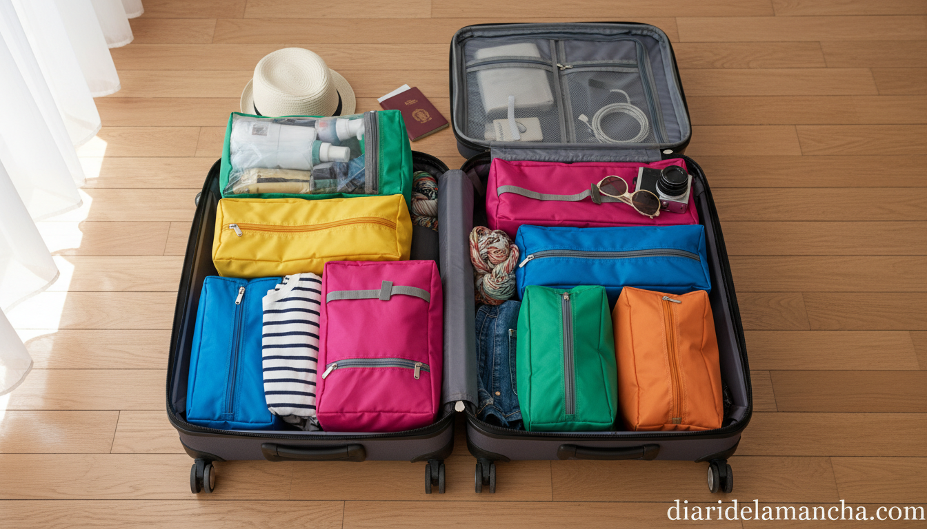 Este organizador revoluciona tu maleta duplicando el espacio y es furor en Amazon 1 Organizadores de equipaje de colores en maleta abierta listos para el viaje