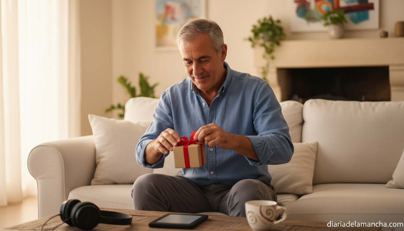 Padre abriendo un regalo del Día del Padre en el salón con un Kindle y unos auriculares sobre la mesa