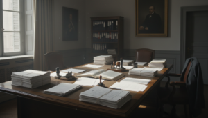 Vista de una sala de administración educativa con folios, sellos y documentos sobre una mesa de madera. Despacho instituci...