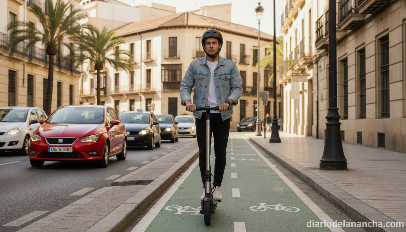 Movilidad urbana sin atascos: Los mejores patinetes eléctricos para desplazarse por la ciudad respetando las normas 1 Patinete eléctrico urbano circulando por carril bici en ciudad mientras los coches están atascados