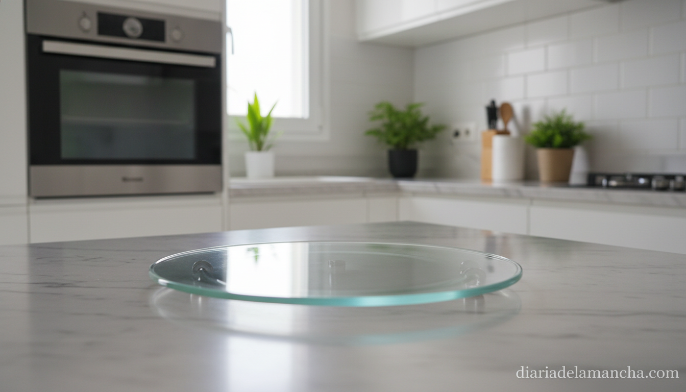 Señales clave para identificar cuándo es momento de reemplazar el plato de tu microondas 1 Plato giratorio de cristal para microondas sobre encimera de cocina moderna
