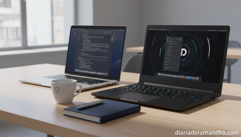 Portátil MacBook y portátil gaming sobre escritorio moderno comparativa