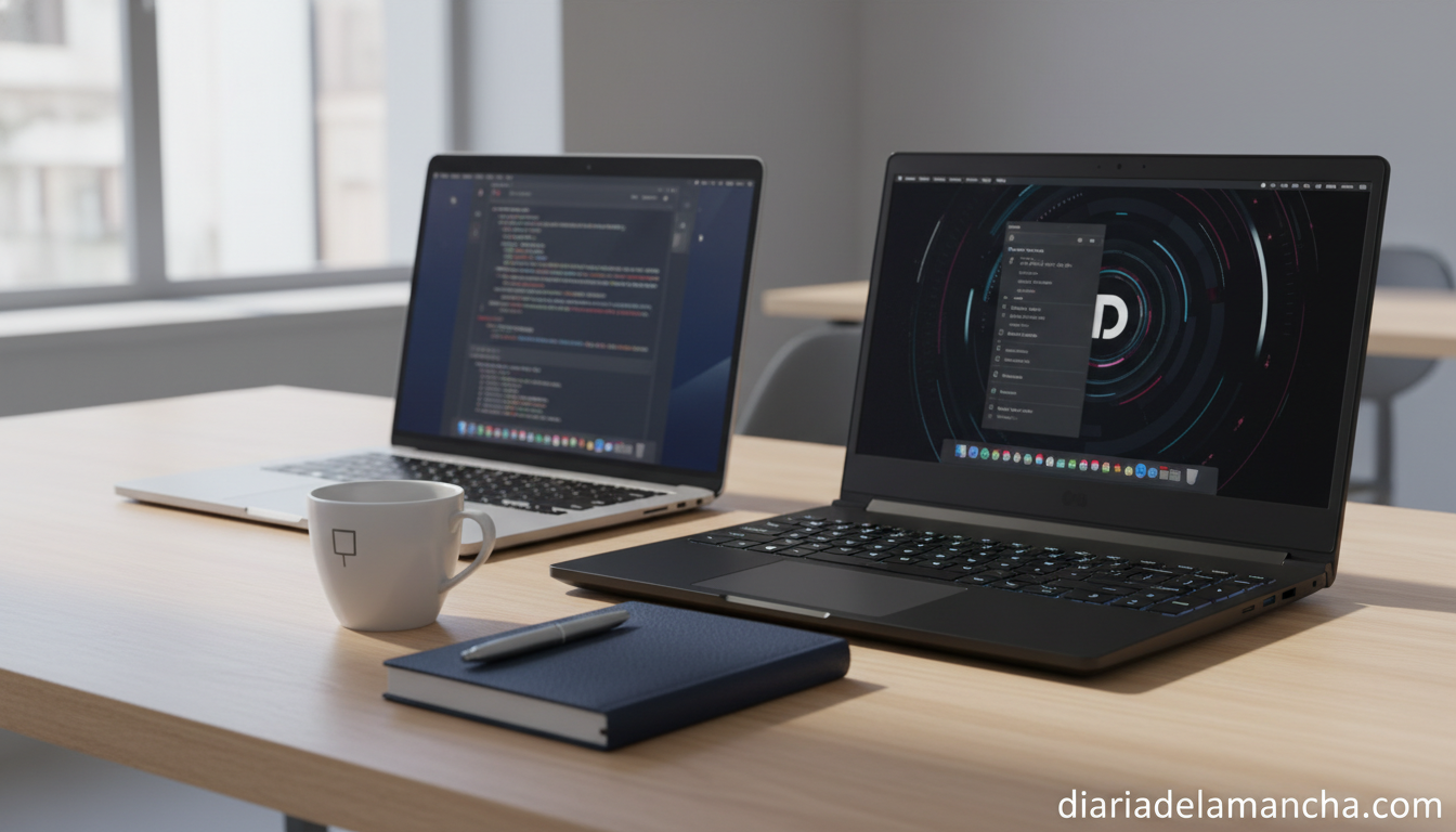 Portátil MacBook y portátil gaming sobre escritorio moderno comparativa