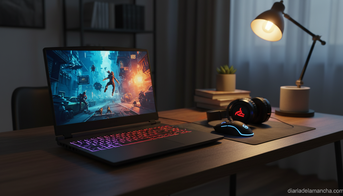 Portátil gaming con teclado RGB sobre escritorio oscuro mostrando un videojuego en pantalla