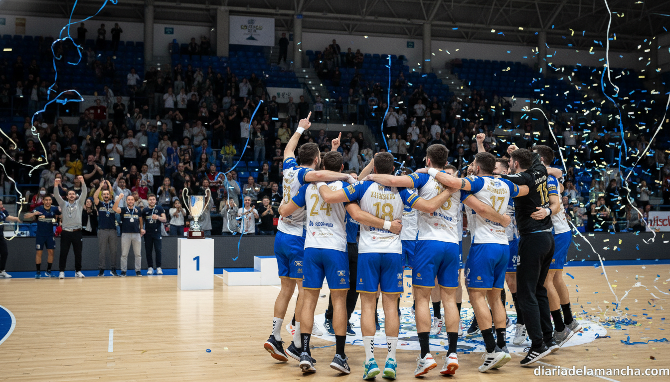 Handball players celebrating on a sports court after a match, team moment with jerseys and shorts, indoor sports hall with...
