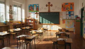 Primary school classroom in Spain, colorful religious education materials on the wall, empty desks, bright natural lightin...