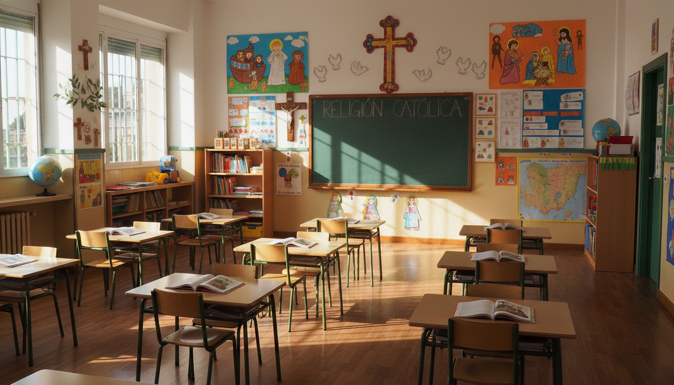 Primary school classroom in Spain, colorful religious education materials on the wall, empty desks, bright natural lightin...