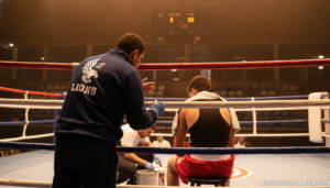A boxing coach giving instructions to a young boxer in a corner of the ring between rounds, indoor sports hall, realistic ...