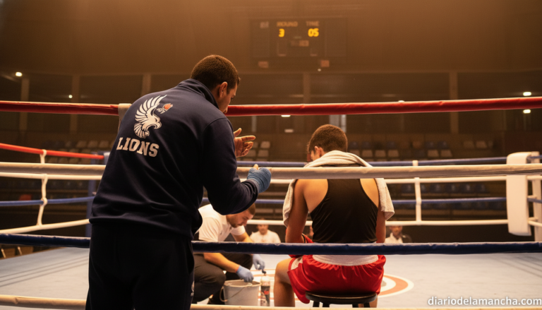 A boxing coach giving instructions to a young boxer in a corner of the ring between rounds, indoor sports hall, realistic ...