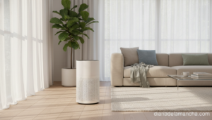 Purificador de aire moderno en salón luminoso con filtro HEPA
