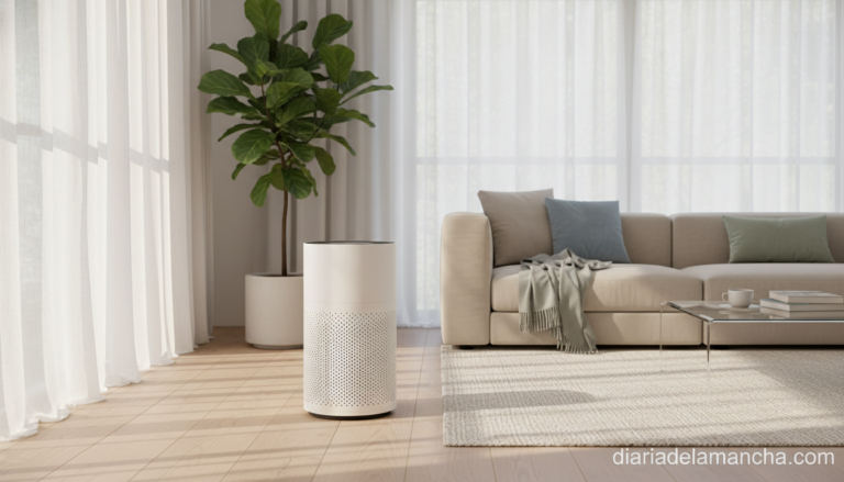 Purificador de aire moderno en salón luminoso con filtro HEPA