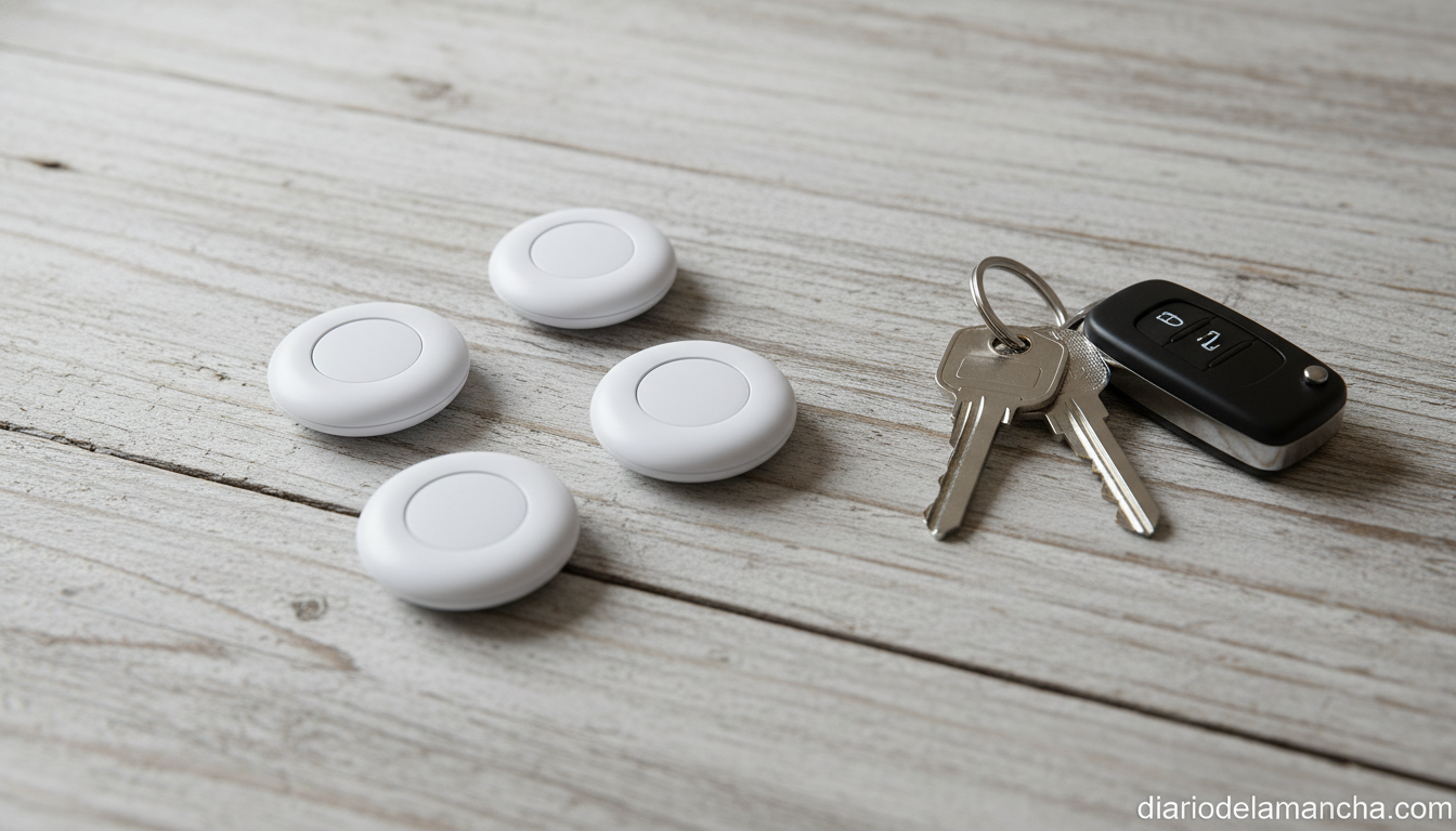 Probando el localizador Bluetooth de llaves definitivo para no perderlas jamás 1 Rastreadores Bluetooth circulares junto a llaves de casa sobre superficie de madera