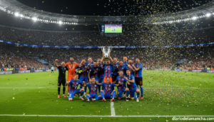 Football stadium scene at night, a team celebrating on the pitch after winning a European final, players in colorful jerse...