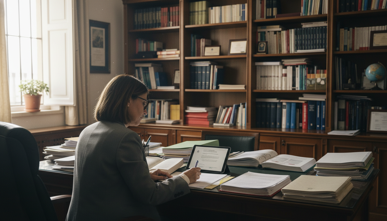 Directora de colegio español en despacho revisando documentos normativos, mesa de madera, estantería con libros, ambiente ...