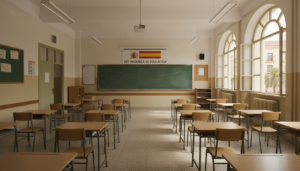 Aula escolar española con pupitres vacíos ordenados en filas, pizarra verde al fondo, ventanas con luz natural, ambiente i...