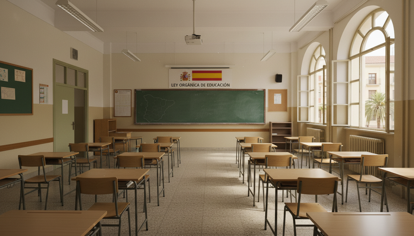 Aula escolar española con pupitres vacíos ordenados en filas, pizarra verde al fondo, ventanas con luz natural, ambiente i...