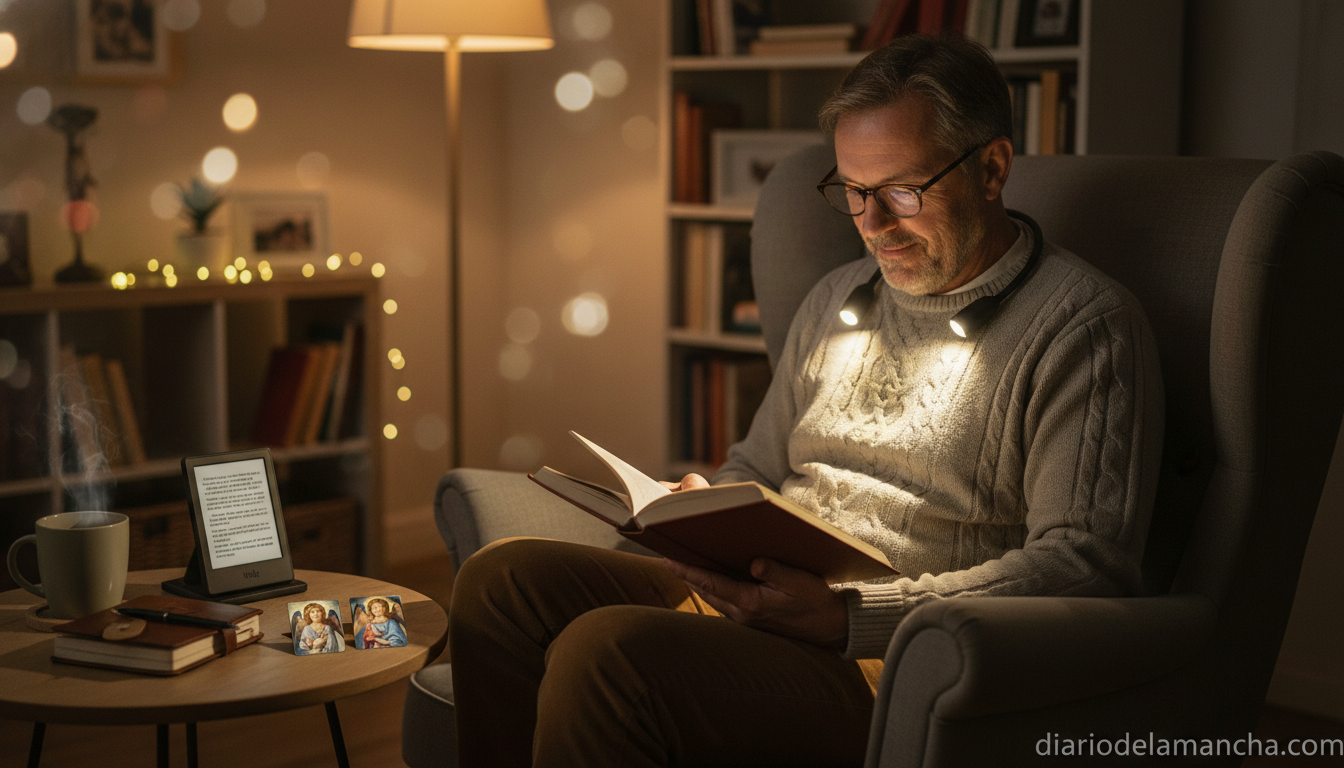 Regalos ideales para el Día del Padre: más de 15 opciones para amantes de los libros 1 Padre leyendo de noche con una luz de lectura de cuello, junto a un Kindle y marcapáginas decorativos sobre la mesa