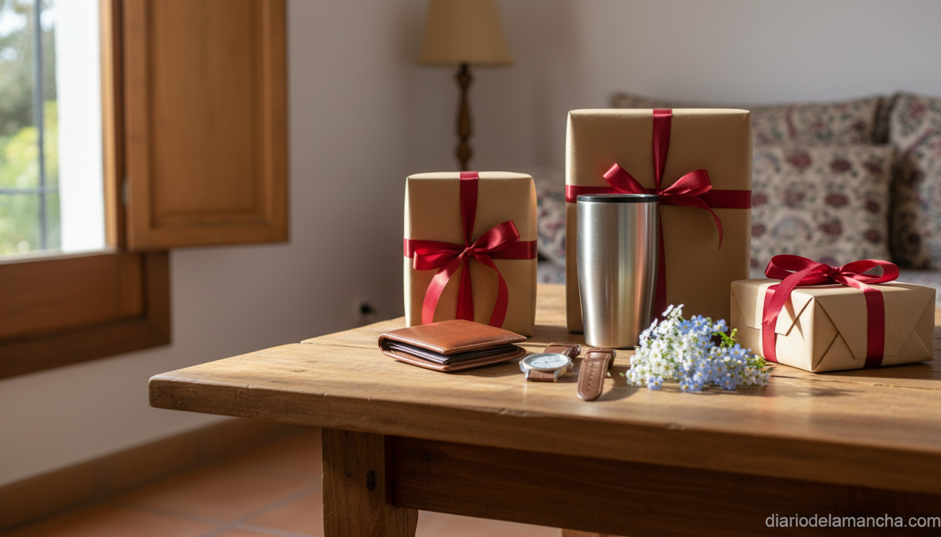 Mesa con regalos envueltos para el Día del Padre con presupuesto ajustado