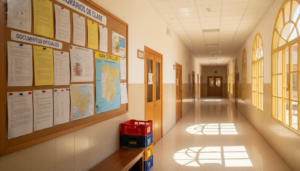 Spanish public school hallway with bulletin board showing official documents and teaching schedules, summer sunlight throu...