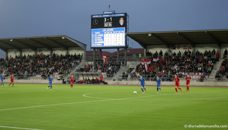 Football match scoreboard and league table showing standings, youth football competition in Spain, stadium atmosphere, gre...