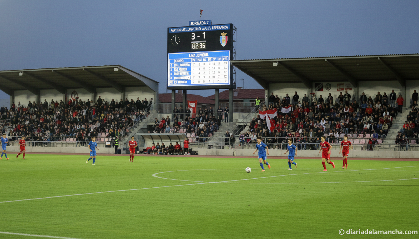 Football match scoreboard and league table showing standings, youth football competition in Spain, stadium atmosphere, gre...
