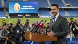 Empresario anunciando su candidatura a la presidencia de un gran club de fútbol español