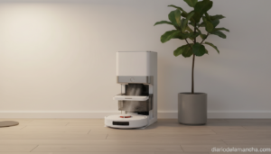 Estacion de autovaciado de un robot aspirador en el rincon de un salon moderno