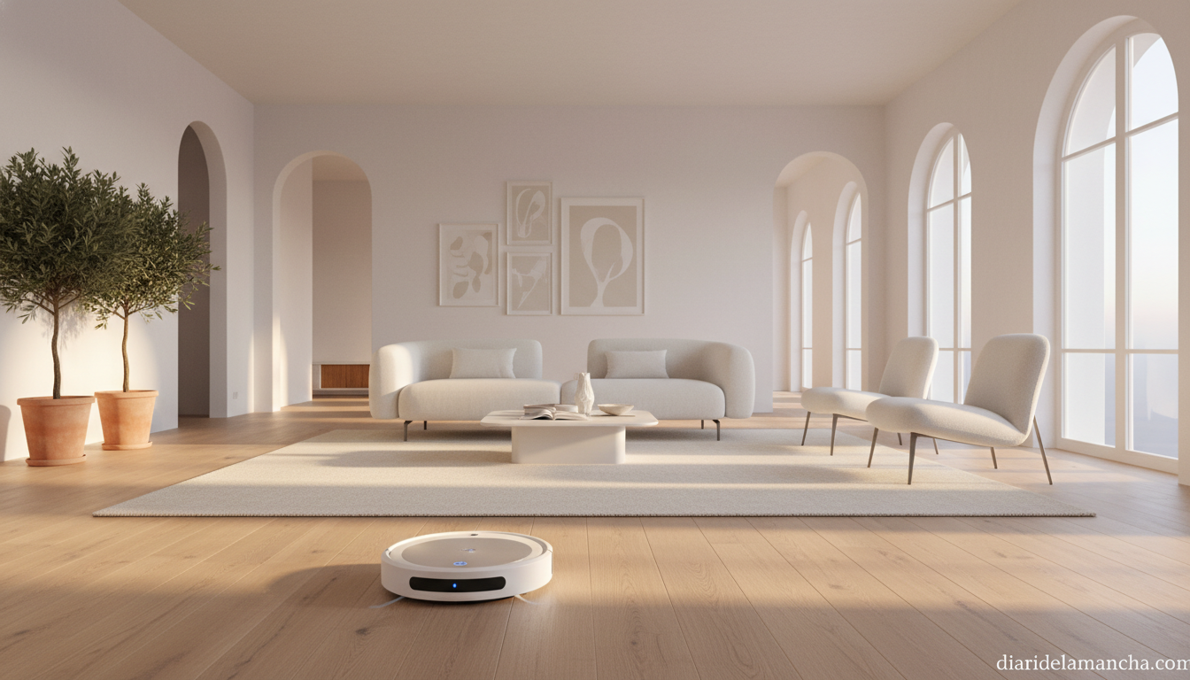 Robot aspirador Roborock limpiando salón moderno - ofertas primavera Amazon