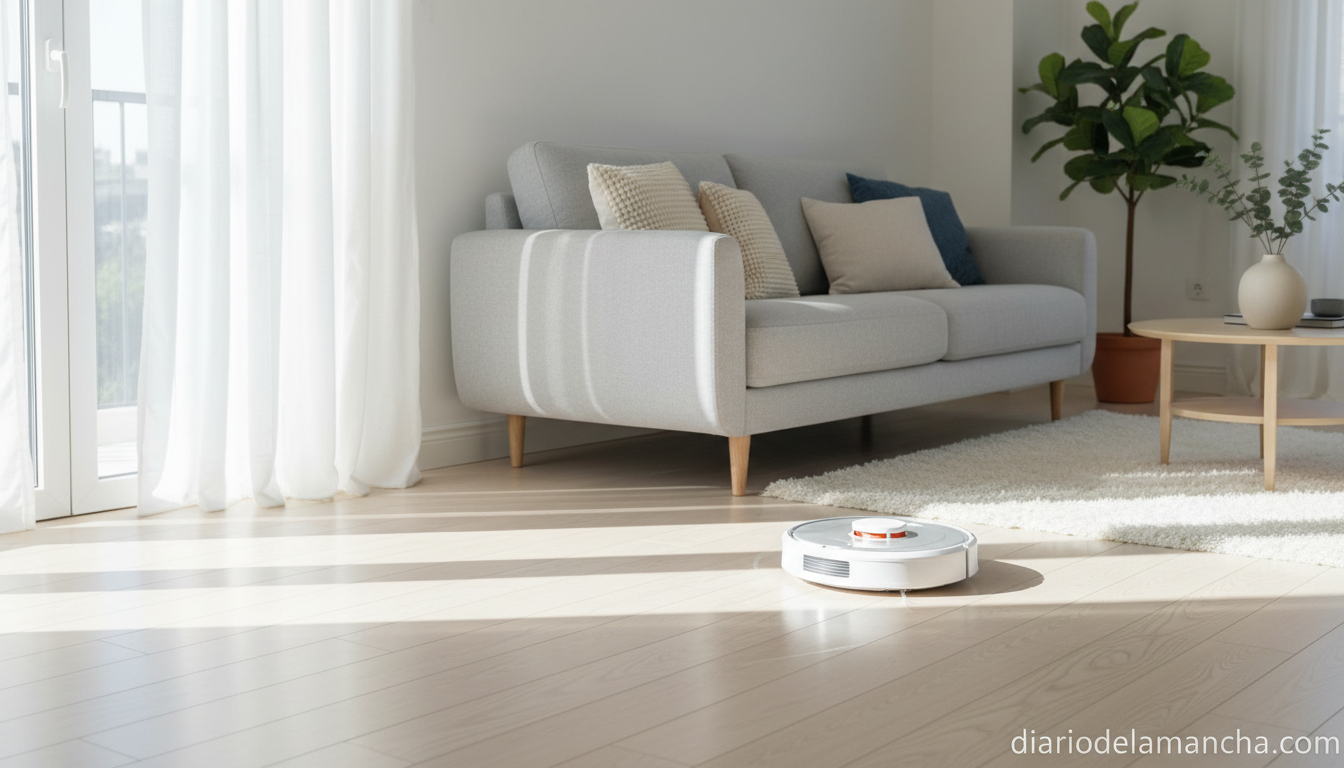 Robot aspirador limpiando el suelo del salón de forma autónoma