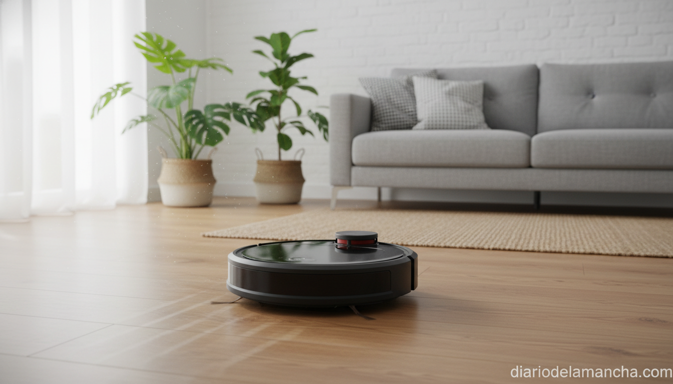 Robot aspirador autolimpiable de gama alta limpiando el suelo de un salon moderno