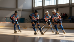 Four women playing roller hockey in indoor sports hall, wearing regional sports team jerseys, in action during a match, no...