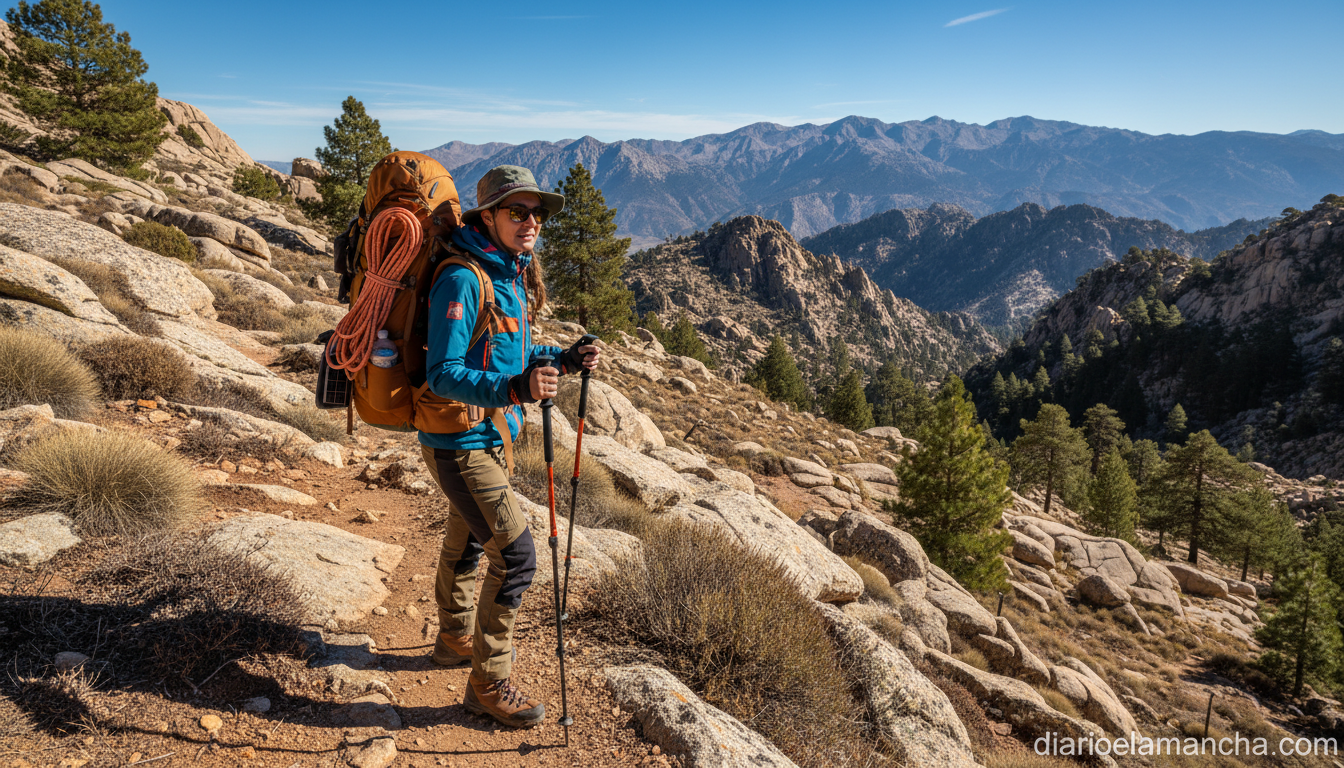 Explora la indumentaria ideal para senderismo: comodidad y ligereza en la montaña 1 Senderista con ropa técnica y botas en ruta de montaña española
