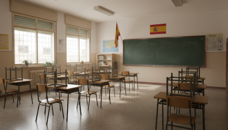 Aula de colegio público español con pupitres vacíos, pizarra verde al fondo, luz natural entrando por ventanas, sin person...