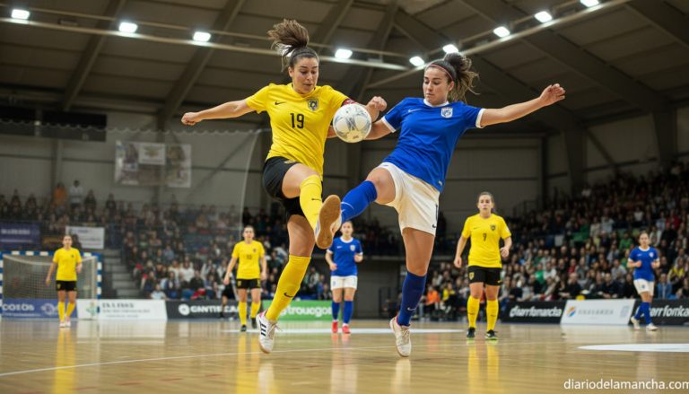 Women's futsal match moment: players competing for the ball inside a sports hall, dynamic action shot, athletic women in y...