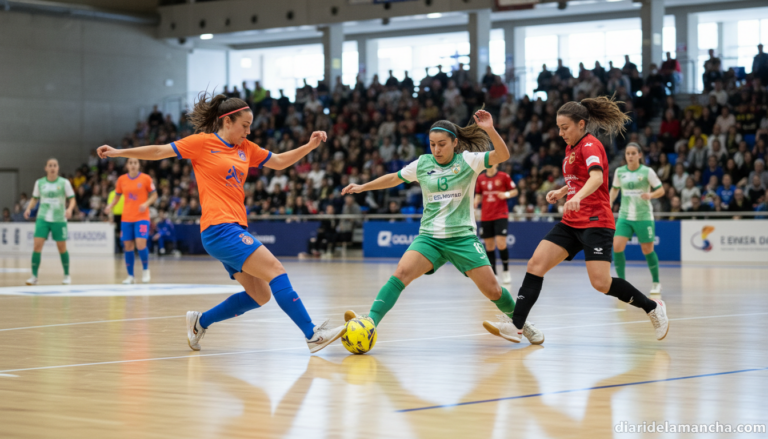 Women's futsal match in an indoor sports arena in Spain, female players in colorful uniforms competing for the ball on a s...
