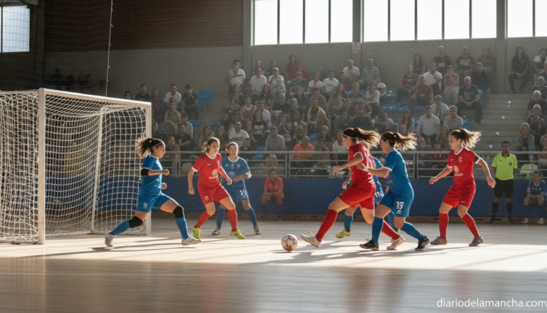 Indoor futsal arena scene, women's futsal match in action, players in sports uniforms competing on a court, dynamic play n...