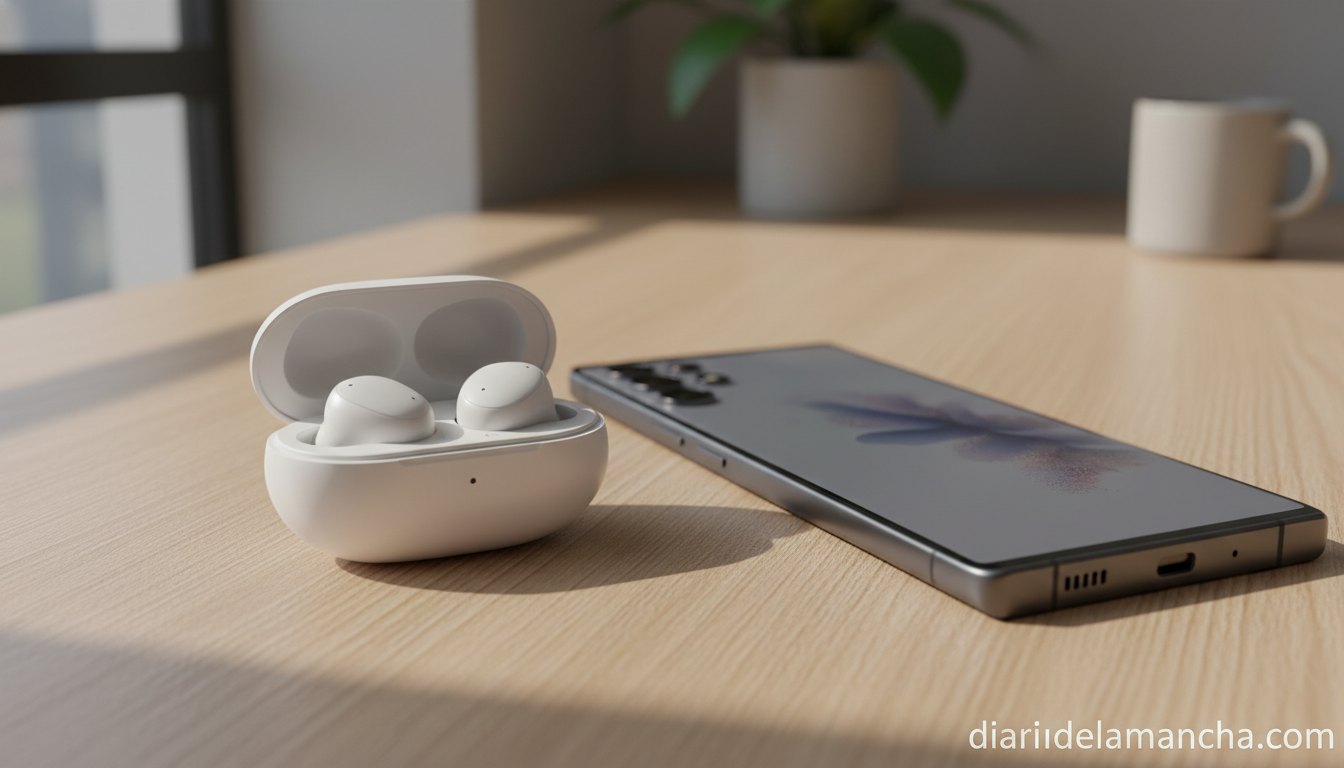 Samsung Galaxy Buds4 Pro junto a un Samsung Galaxy en un escritorio