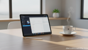 Samsung Galaxy Tab A9+ tablet sobre escritorio moderno en oficina en casa