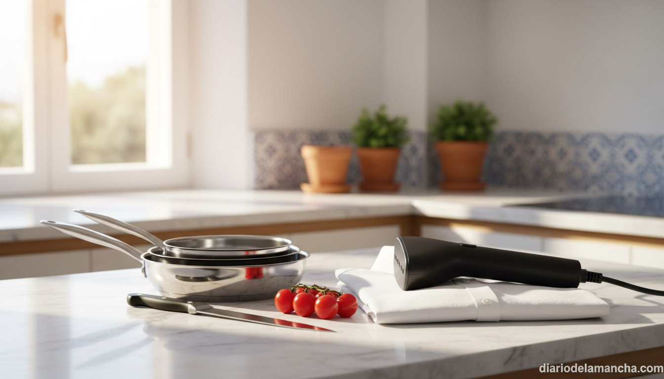Sartenes Tefal y cepillo de vapor Rowenta sobre encimera de cocina espanola